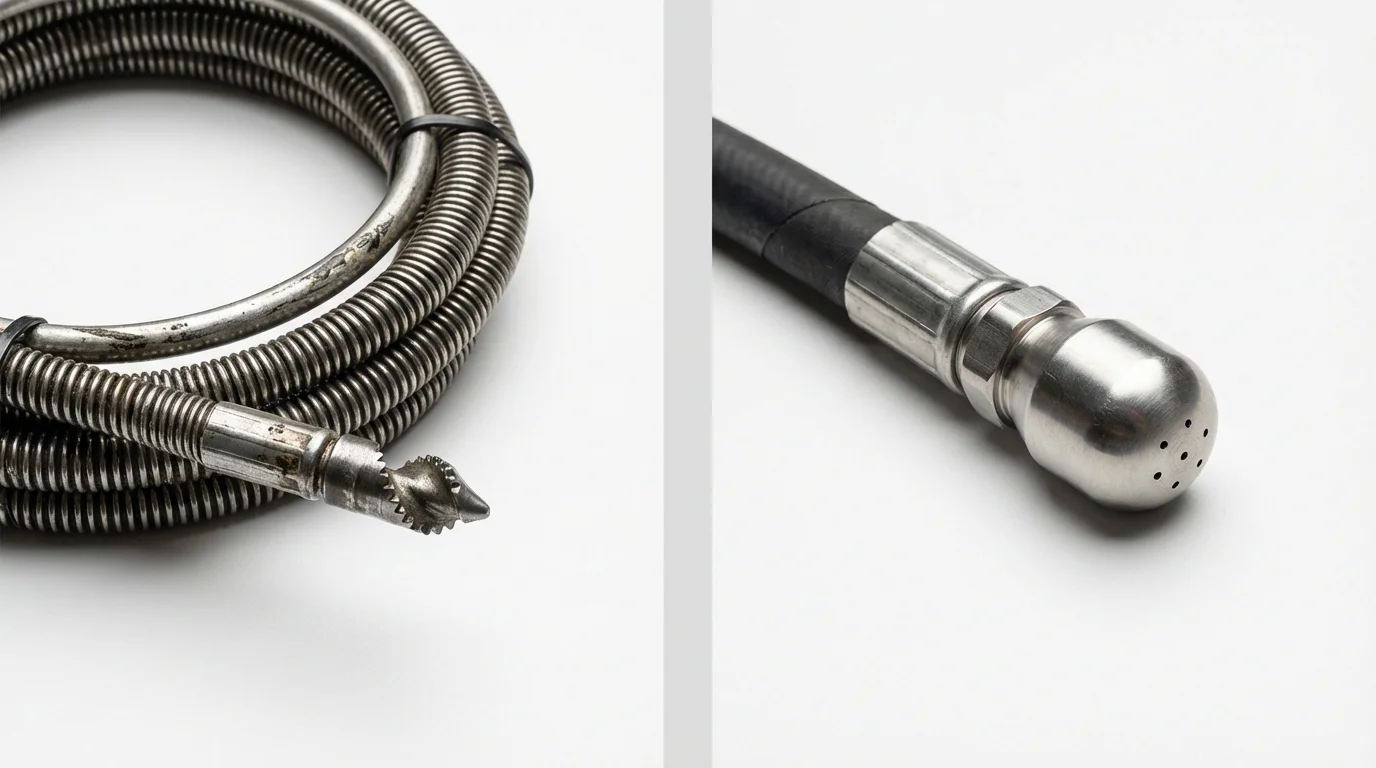 Drain snake cable and hydro jetting nozzle used for drain cleaning in Fowler, MI