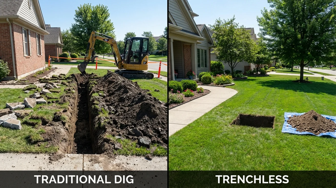 Trenchless sewer repair with minimal yard damage versus traditional excavation in Fowler, MI