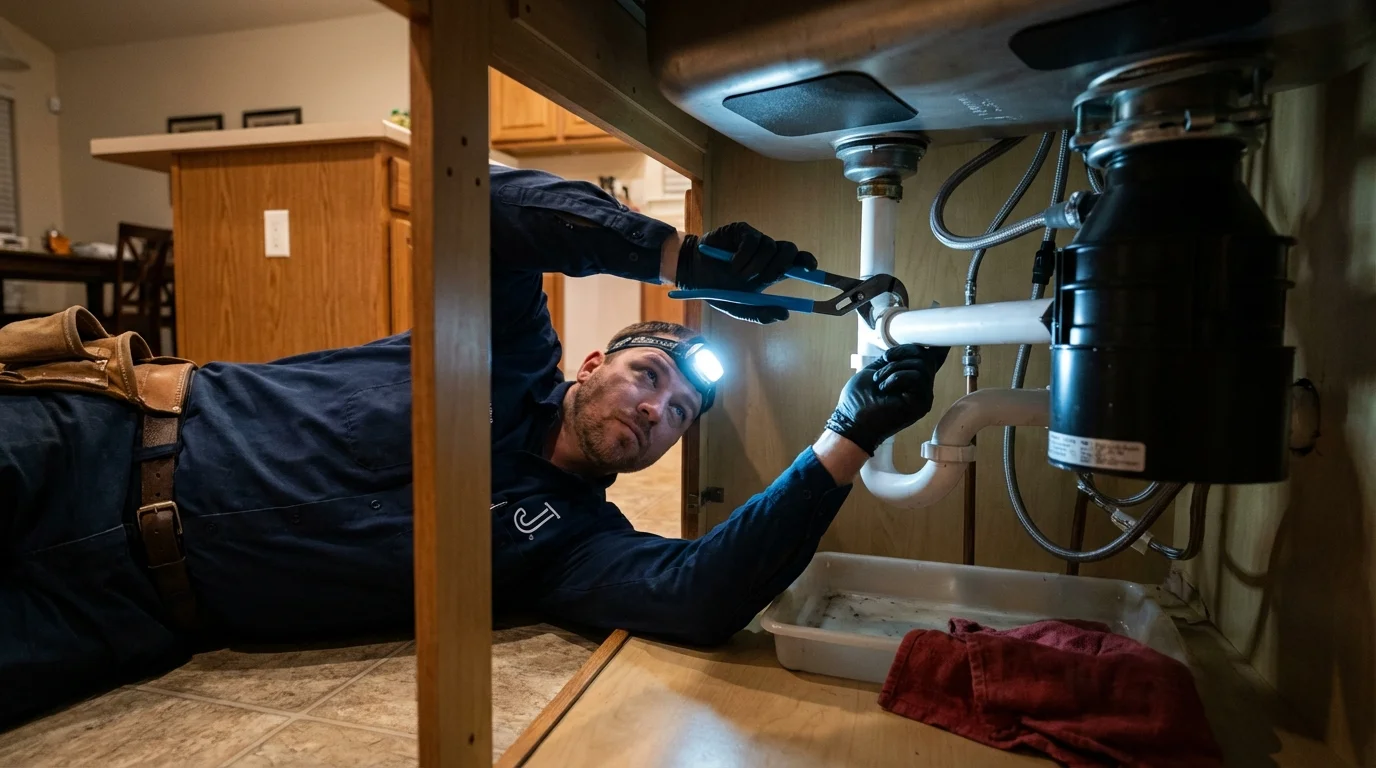 P-trap and supply line connections under a kitchen sink showing a common leak point in Fowler, MI